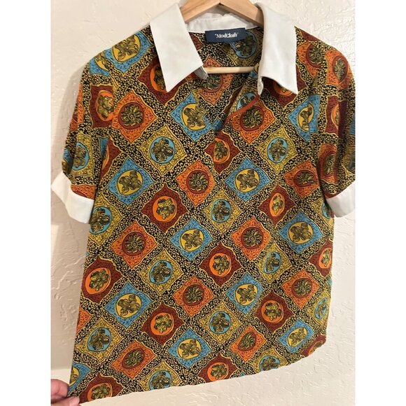 ModCloth Short Sleeved Antique Style Colorful Collared Top - Picture 4 of 10